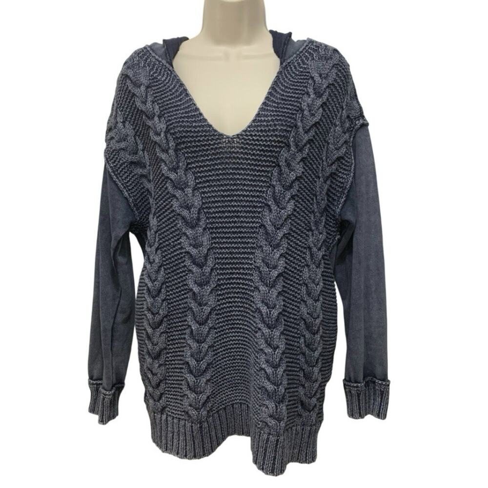 INC International Concepts Cable Knit Hoodie Sweater Blue Oversized Lagenlook L